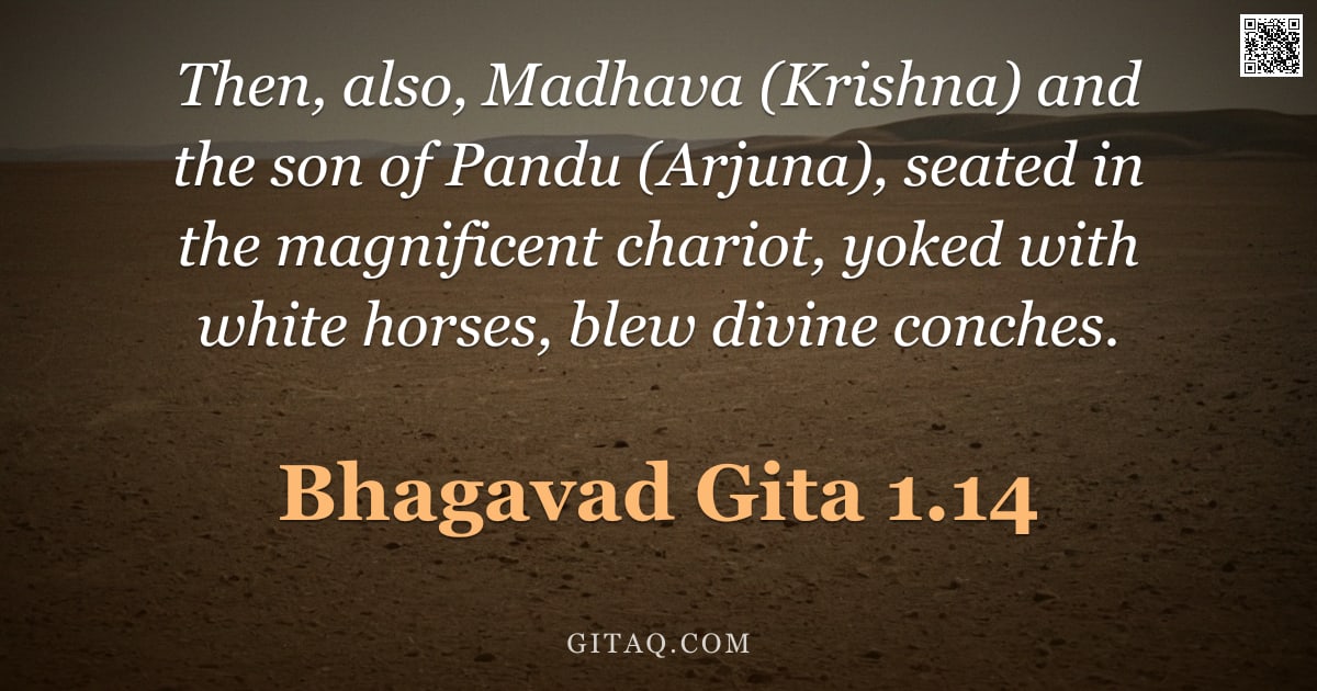 Bhagavad Gita 1.14 — "Then, also, Madhava (Krishna) and the son of Pandu (Arjuna), seated in the magnificent chariot, yoke"