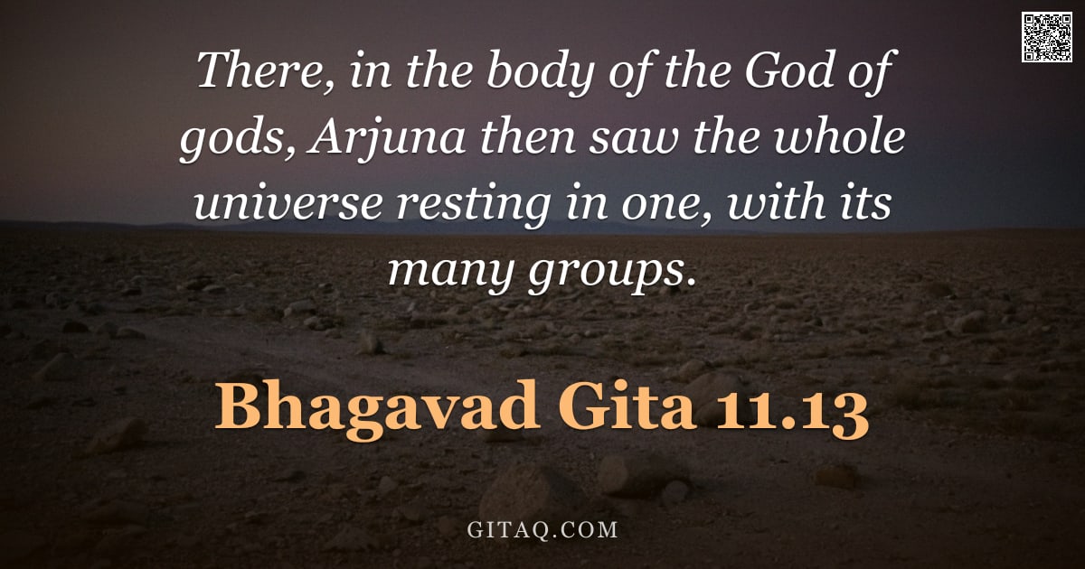 Bhagavad Gita 11.13 — "There, in the body of the God of gods, Arjuna then saw the whole universe resting in one, with its m"