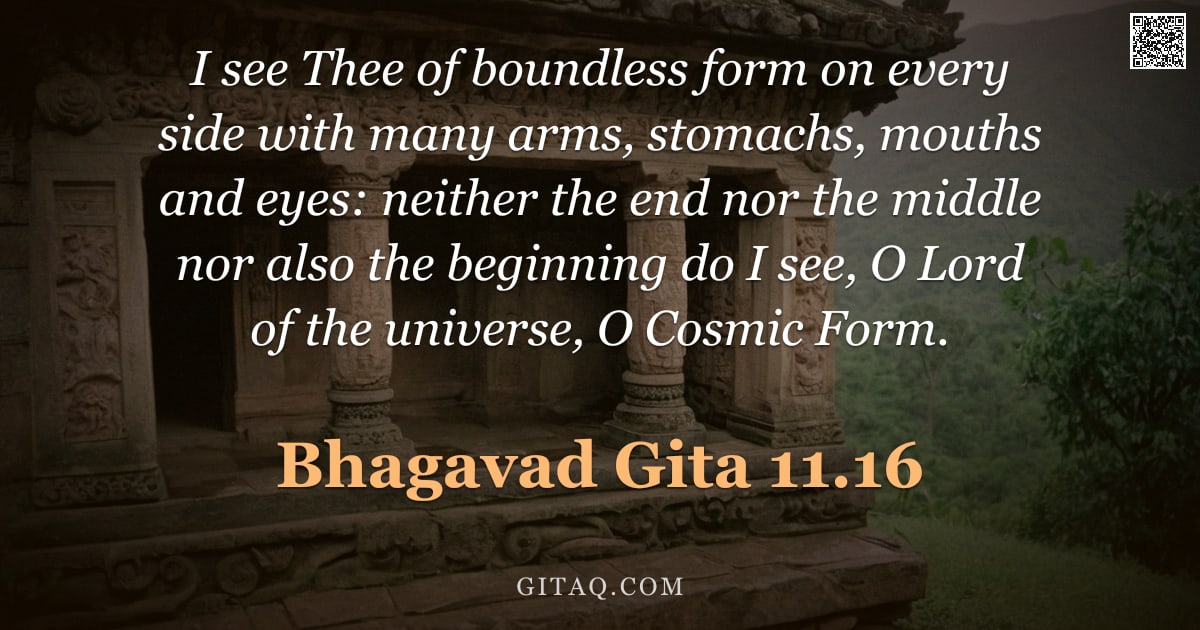 Bhagavad Gita 11.16 — "I see Thee of boundless form on every side with many arms, stomachs, mouths and eyes: neither the en"