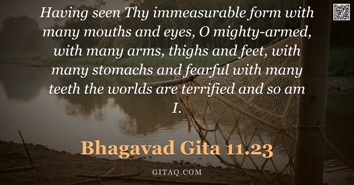 Bhagavad Gita 11.23 — "Having seen Thy immeasurable form with many mouths and eyes, O mighty-armed, with many arms, thighs "