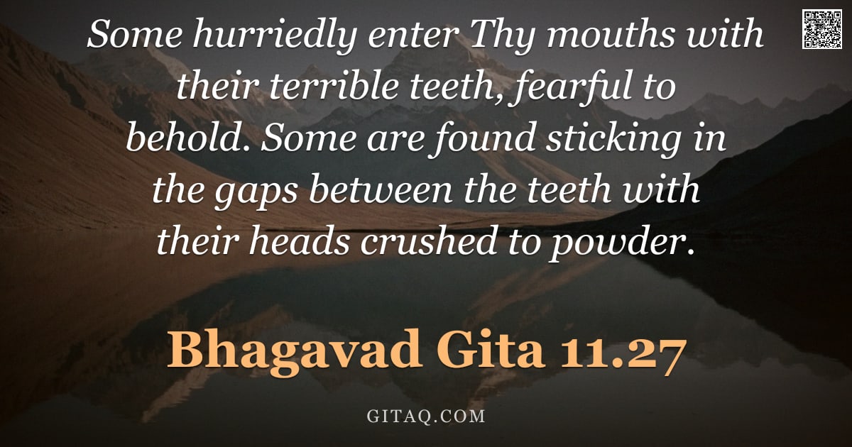 Bhagavad Gita 11.27 — "Some hurriedly enter Thy mouths with their terrible teeth, fearful to behold. Some are found stickin"