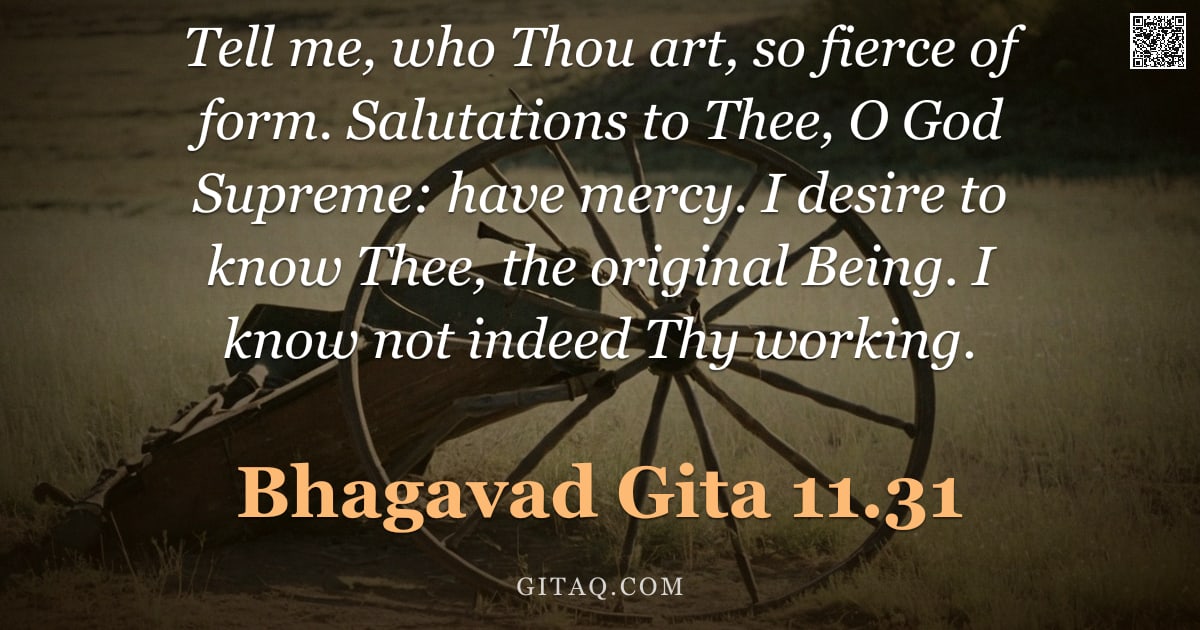 Bhagavad Gita 11.31 — "Tell me, who Thou art, so fierce of form. Salutations to Thee, O God Supreme: have mercy. I desire t"