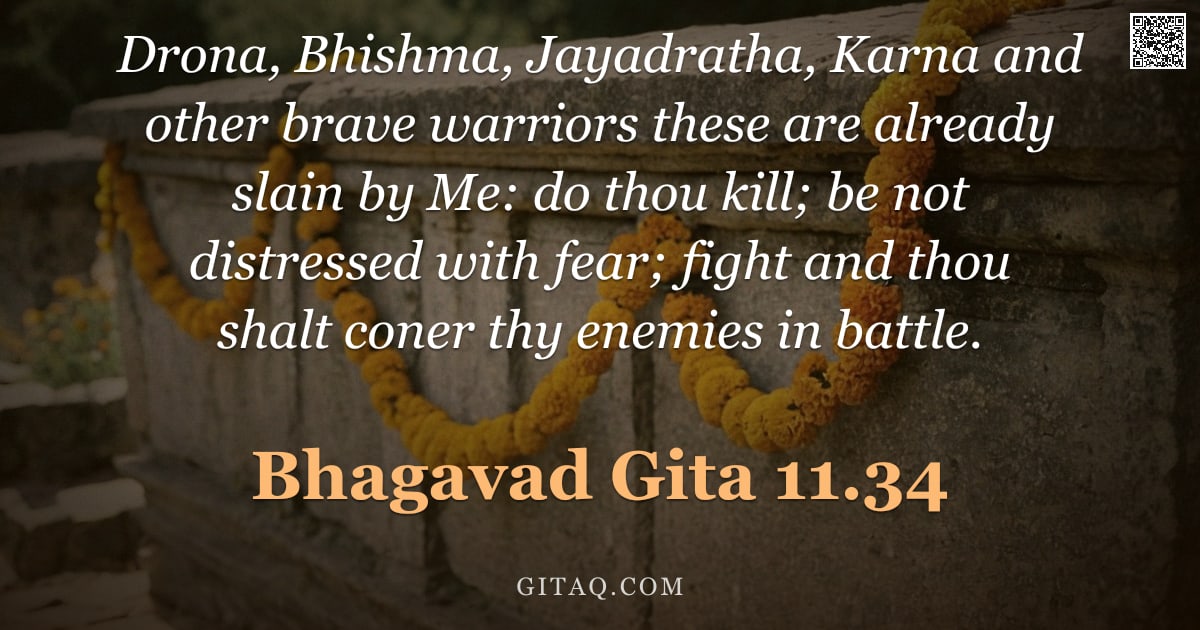 Bhagavad Gita 11.34 — "Drona, Bhishma, Jayadratha, Karna and other brave warriors these are already slain by Me: do thou ki"