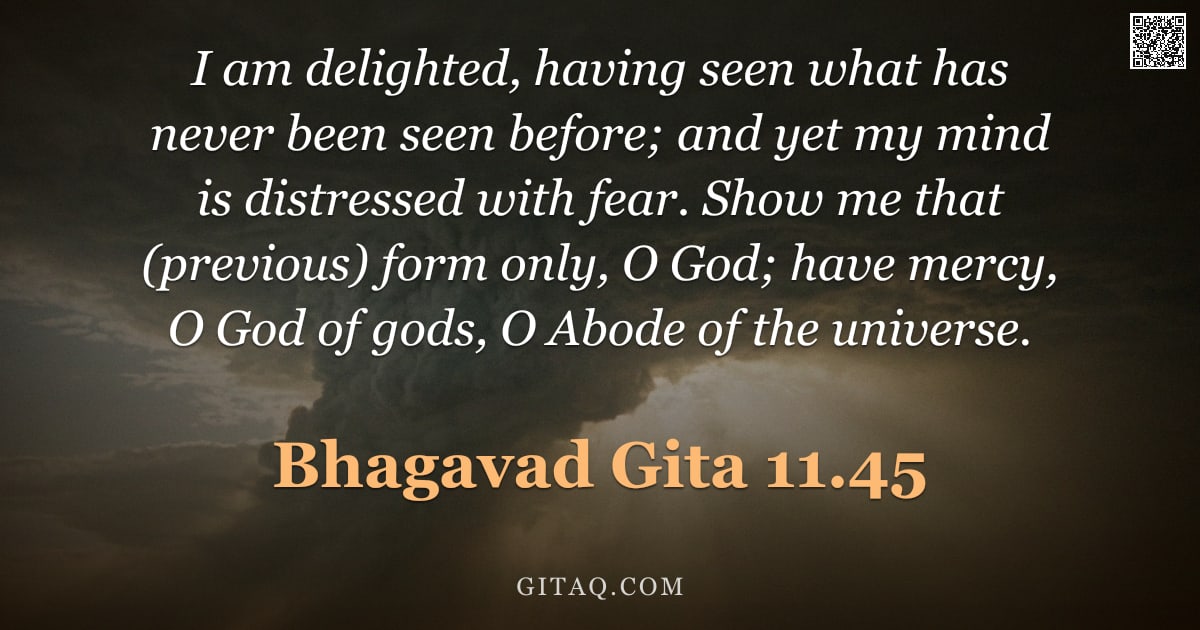 Bhagavad Gita 11.45 — "I am delighted, having seen what has never been seen before; and yet my mind is distressed with fear"
