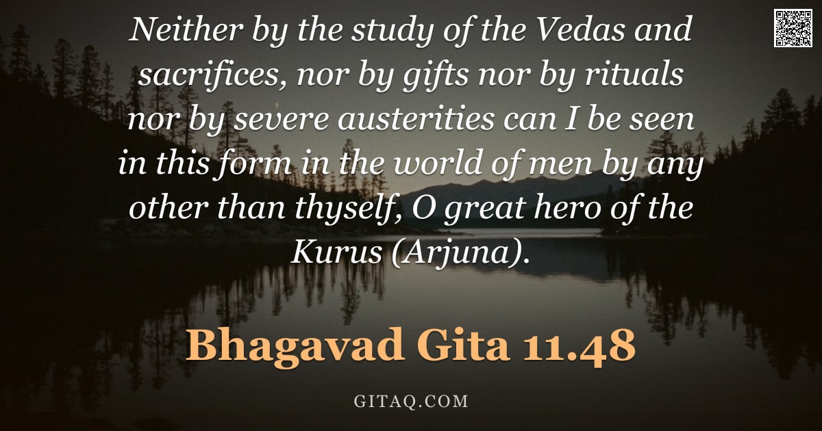 Bhagavad Gita 11.48 — "Neither by the study of the Vedas and sacrifices, nor by gifts nor by rituals nor by severe austerit"