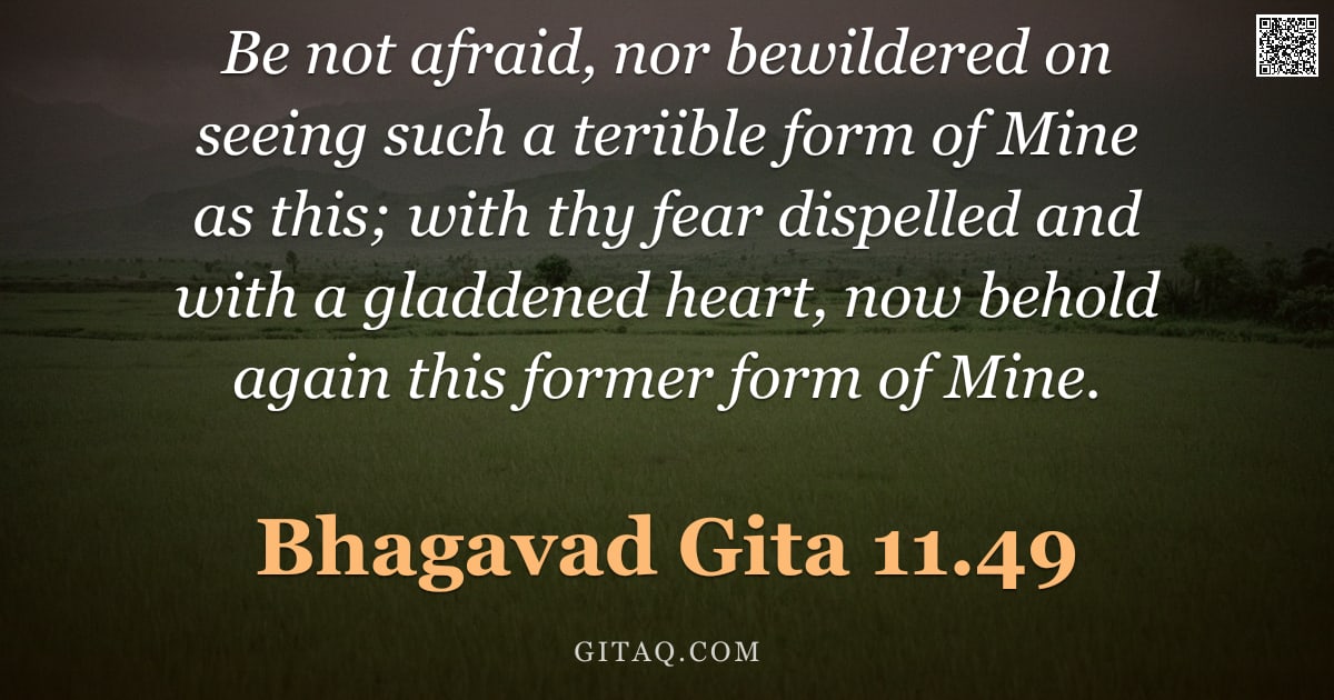 Bhagavad Gita 11.49 — "Be not afraid, nor bewildered on seeing such a teriible form of Mine as this; with thy fear dispelle"