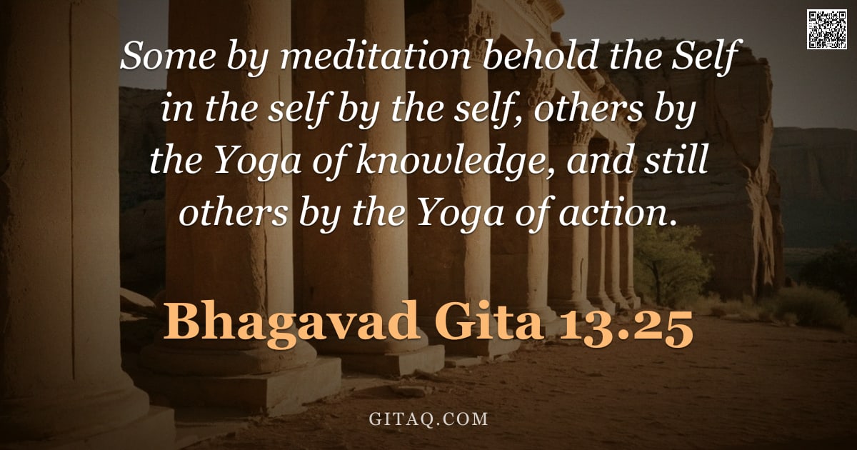 Bhagavad Gita 13.25 — "Some by meditation behold the Self in the self by the self, others by the Yoga of knowledge, and sti"