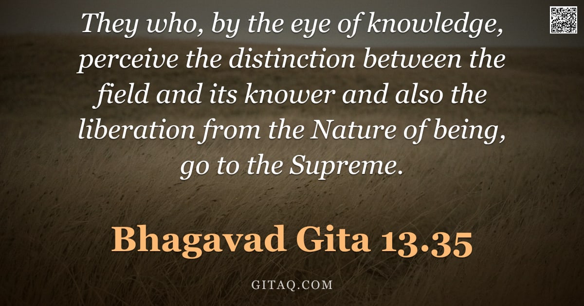 Bhagavad Gita 13.35 — "They who, by the eye of knowledge, perceive the distinction between the field and its knower and als"