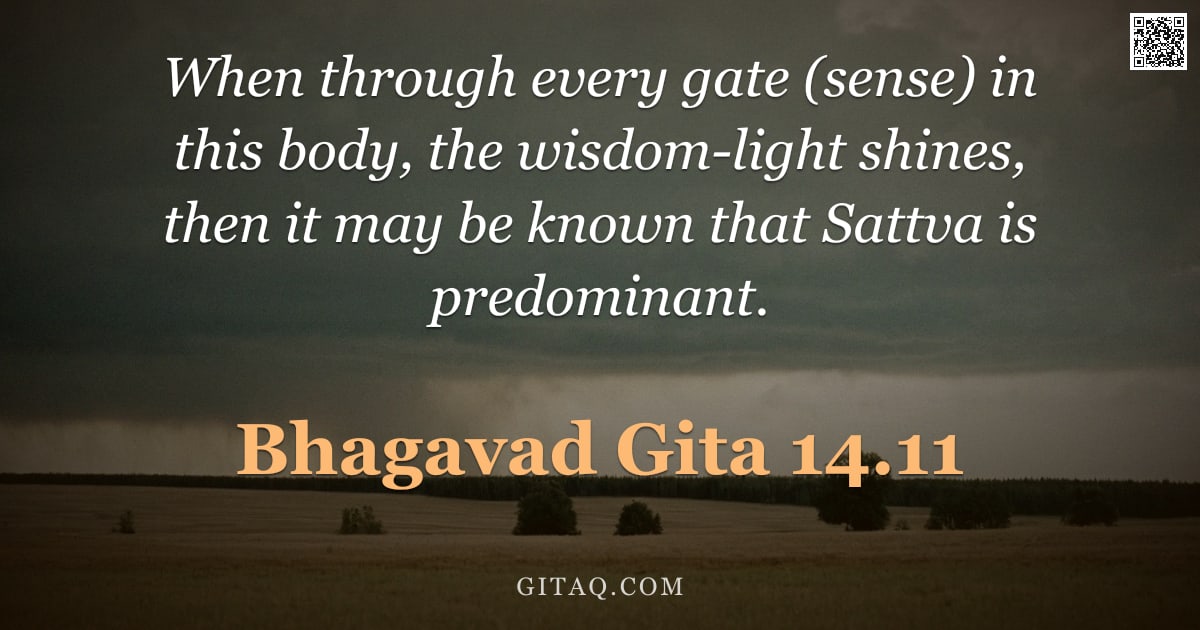 Bhagavad Gita 14.11 — "When through every gate (sense) in this body, the wisdom-light shines, then it may be known that Sat"