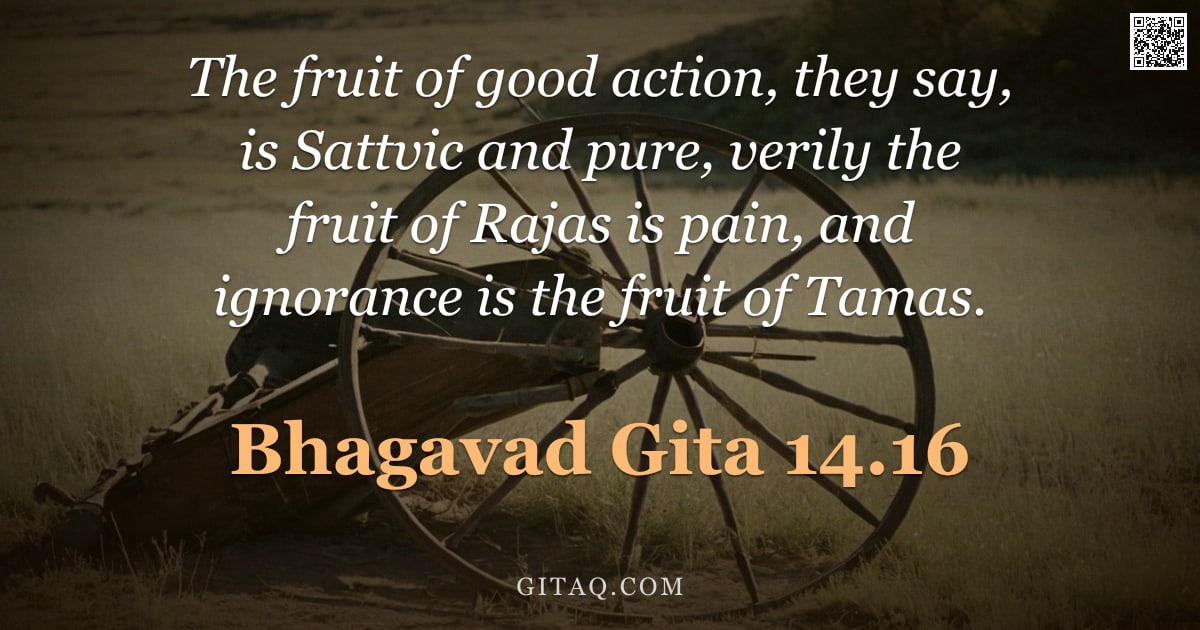 Bhagavad Gita 14.16 — "The fruit of good action, they say, is Sattvic and pure, verily the fruit of Rajas is pain, and igno"