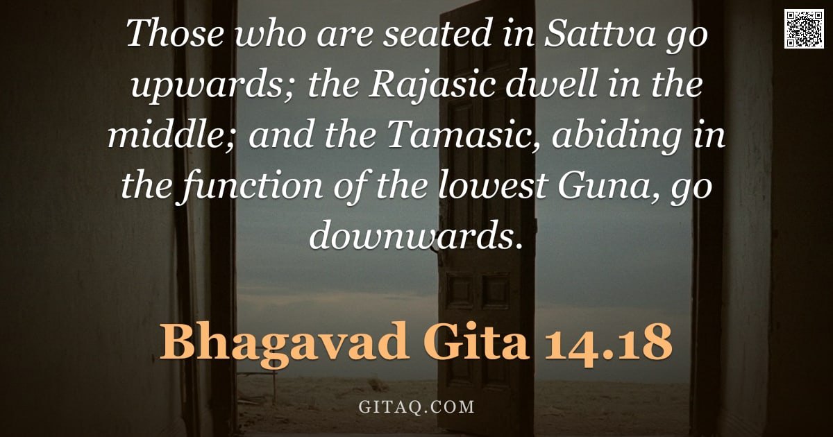 Bhagavad Gita 14.18 — "Those who are seated in Sattva go upwards; the Rajasic dwell in the middle; and the Tamasic, abiding"