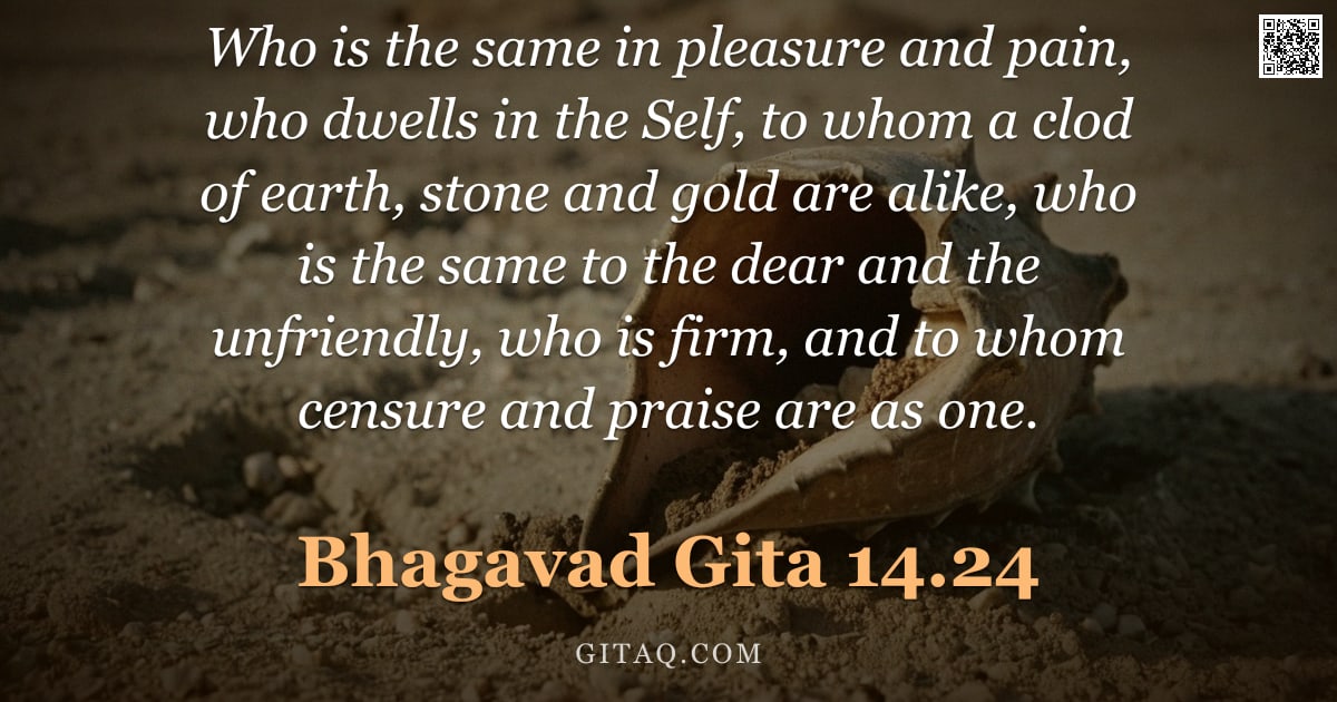 Bhagavad Gita 14.24 — "Who is the same in pleasure and pain, who dwells in the Self, to whom a clod of earth, stone and gol"