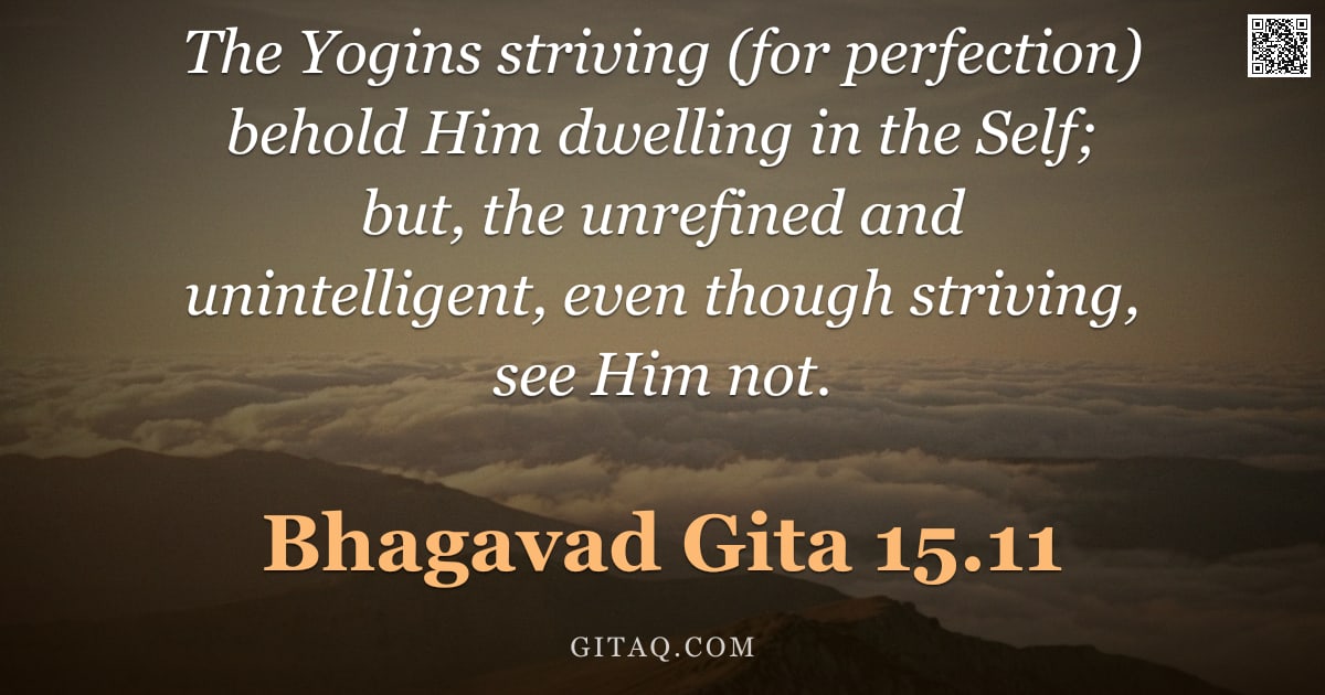 Bhagavad Gita 15.11 — "The Yogins striving (for perfection) behold Him dwelling in the Self; but, the unrefined and unintel"