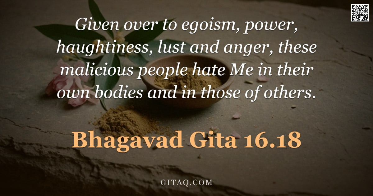Bhagavad Gita 16.18 — "Given over to egoism, power, haughtiness, lust and anger, these malicious people hate Me in their ow"