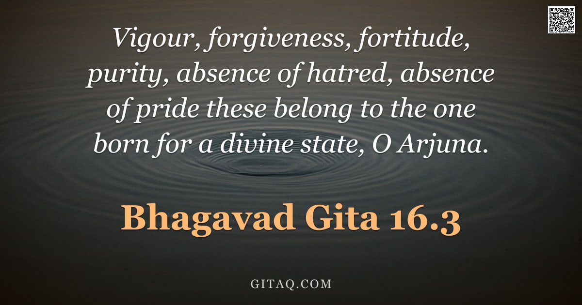 Bhagavad Gita 16.3 — "Vigour, forgiveness, fortitude, purity, absence of hatred, absence of pride these belong to the one "