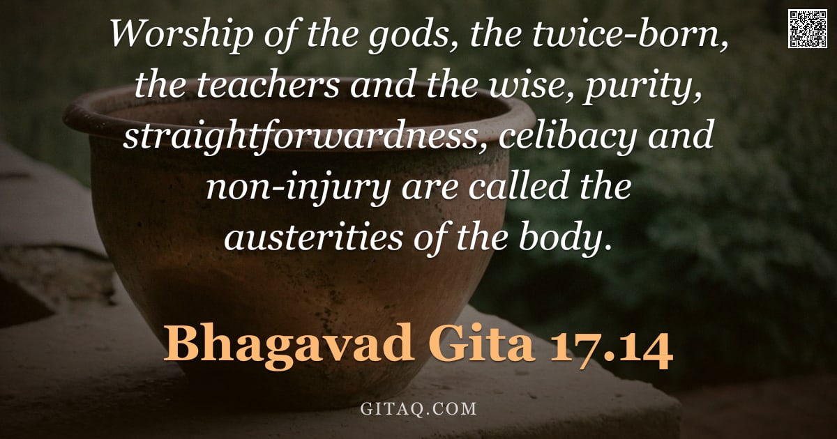 Bhagavad Gita 17.14 — "Worship of the gods, the twice-born, the teachers and the wise, purity, straightforwardness, celibac"