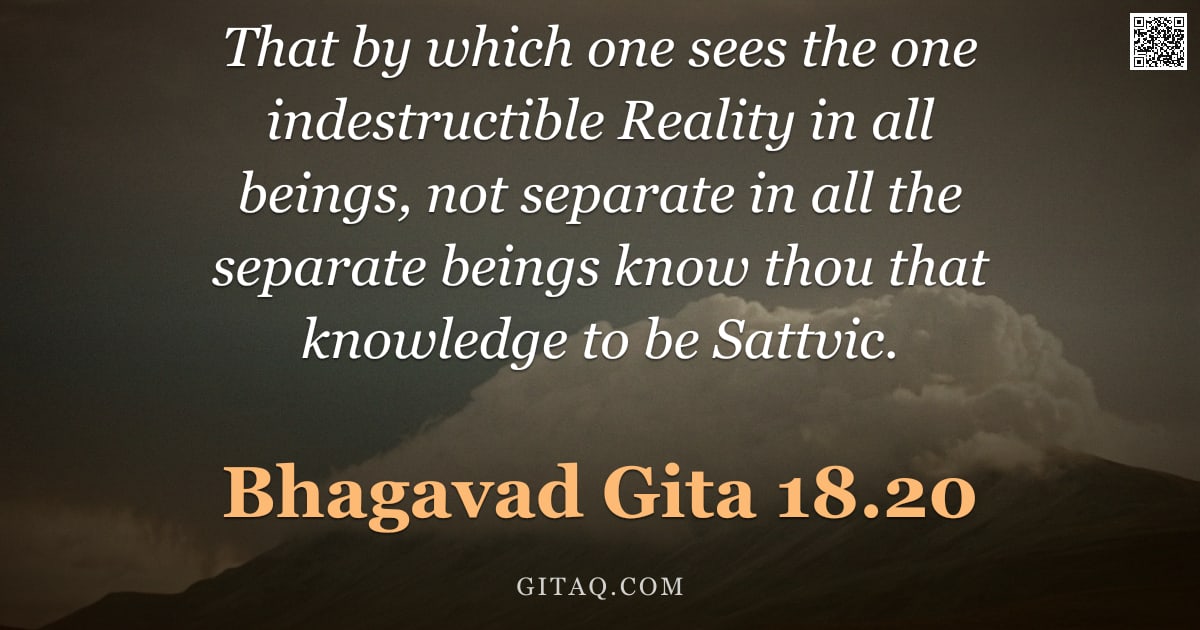Bhagavad Gita 18.20 — "That by which one sees the one indestructible Reality in all beings, not separate in all the separat"