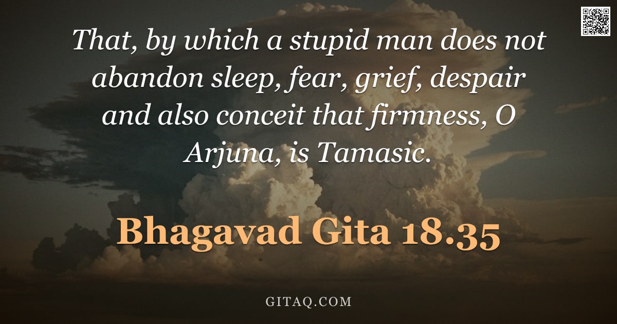 Bhagavad Gita 18.35 — "That, by which a stupid man does not abandon sleep, fear, grief, despair and also conceit that firmn"