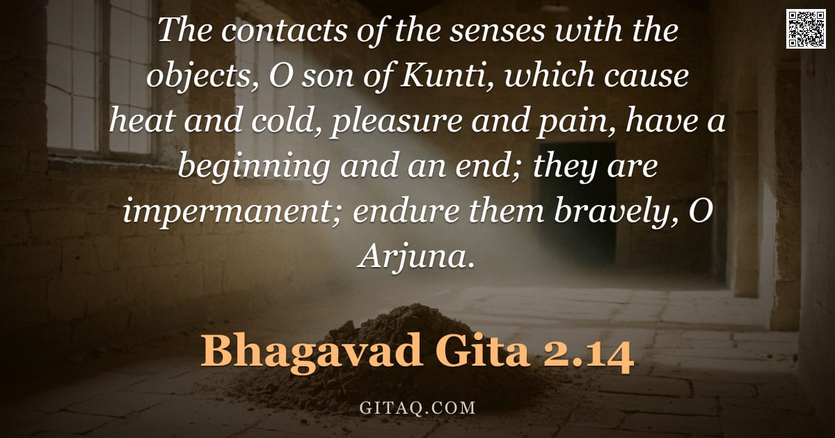 Bhagavad Gita 2.14 — "The contacts of the senses with the objects, O son of Kunti, which cause heat and cold, pleasure and"