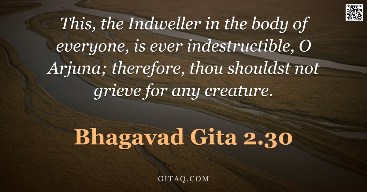 Bhagavad Gita 2.30 — "This, the Indweller in the body of everyone, is ever indestructible, O Arjuna; therefore, thou shoul"
