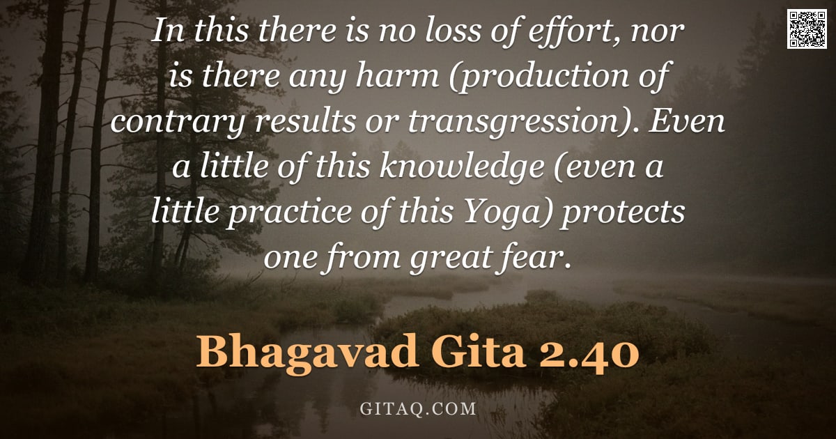 Bhagavad Gita 2.40 — "In this there is no loss of effort, nor is there any harm (production of contrary results or transgr"