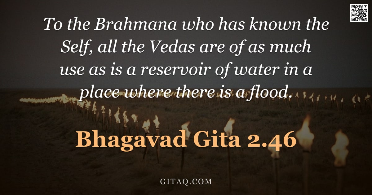 Bhagavad Gita 2.46 — "To the Brahmana who has known the Self, all the Vedas are of as much use as is a reservoir of water "