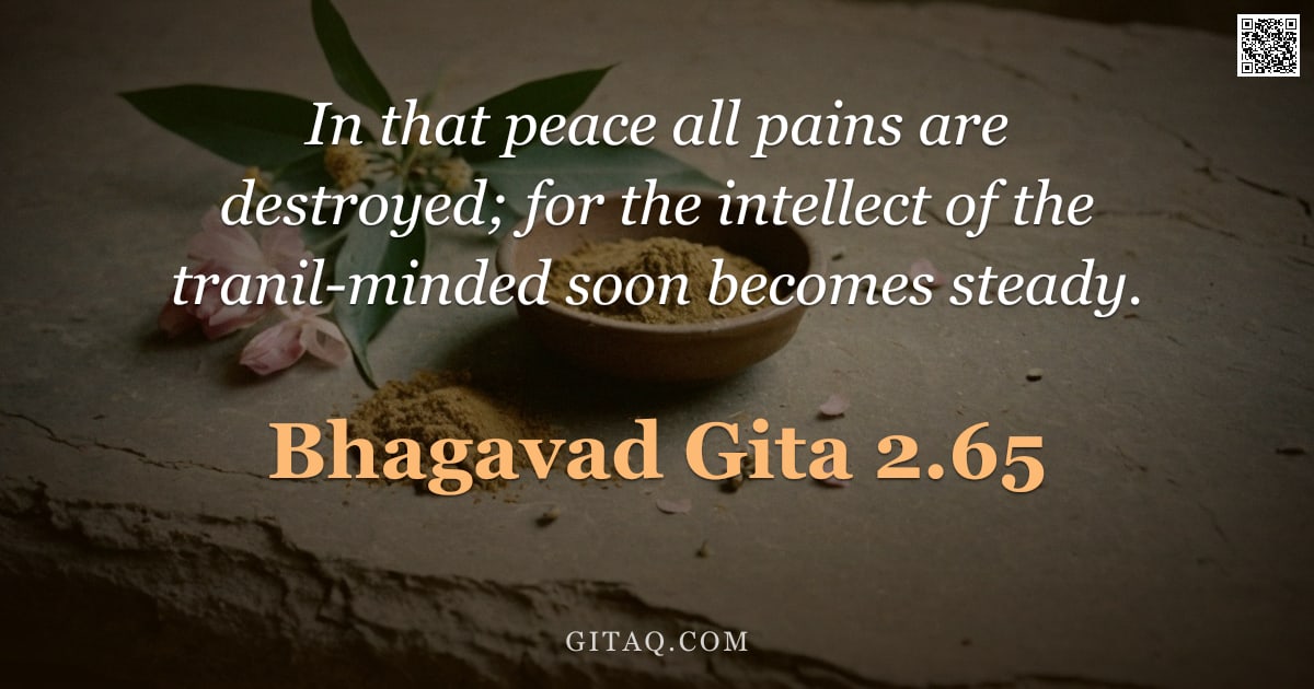 Bhagavad Gita 2.65 — "In that peace all pains are destroyed; for the intellect of the tranil-minded soon becomes steady."