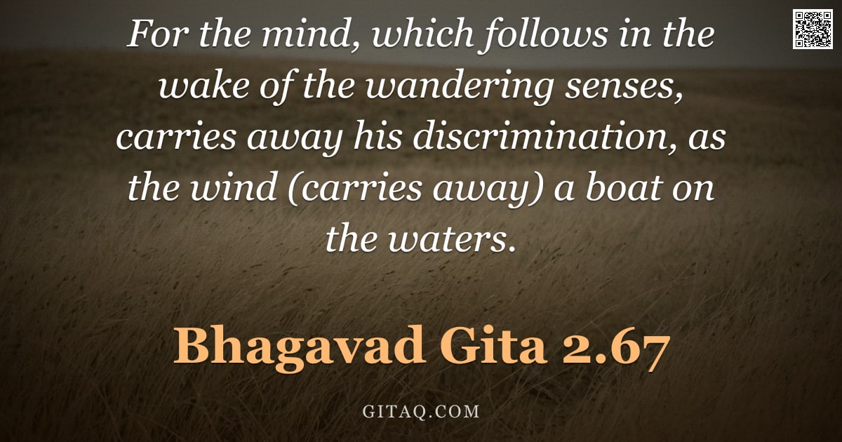 Bhagavad Gita 2.67 — "For the mind, which follows in the wake of the wandering senses, carries away his discrimination, as"