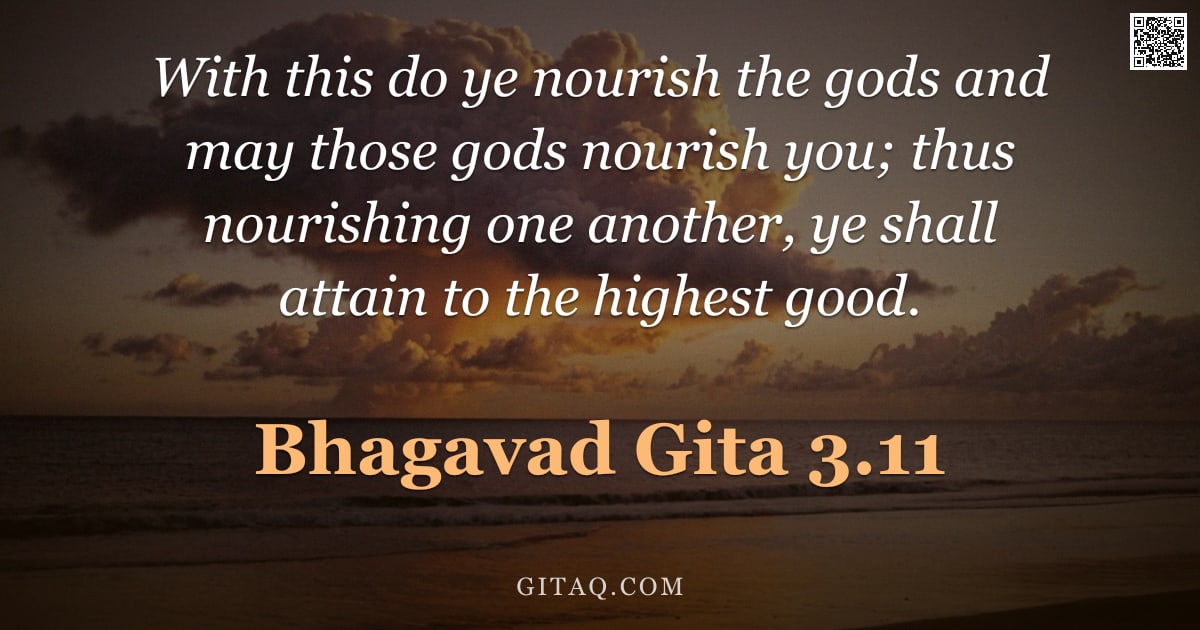 Bhagavad Gita 3.11 — "With this do ye nourish the gods and may those gods nourish you; thus nourishing one another, ye sha"