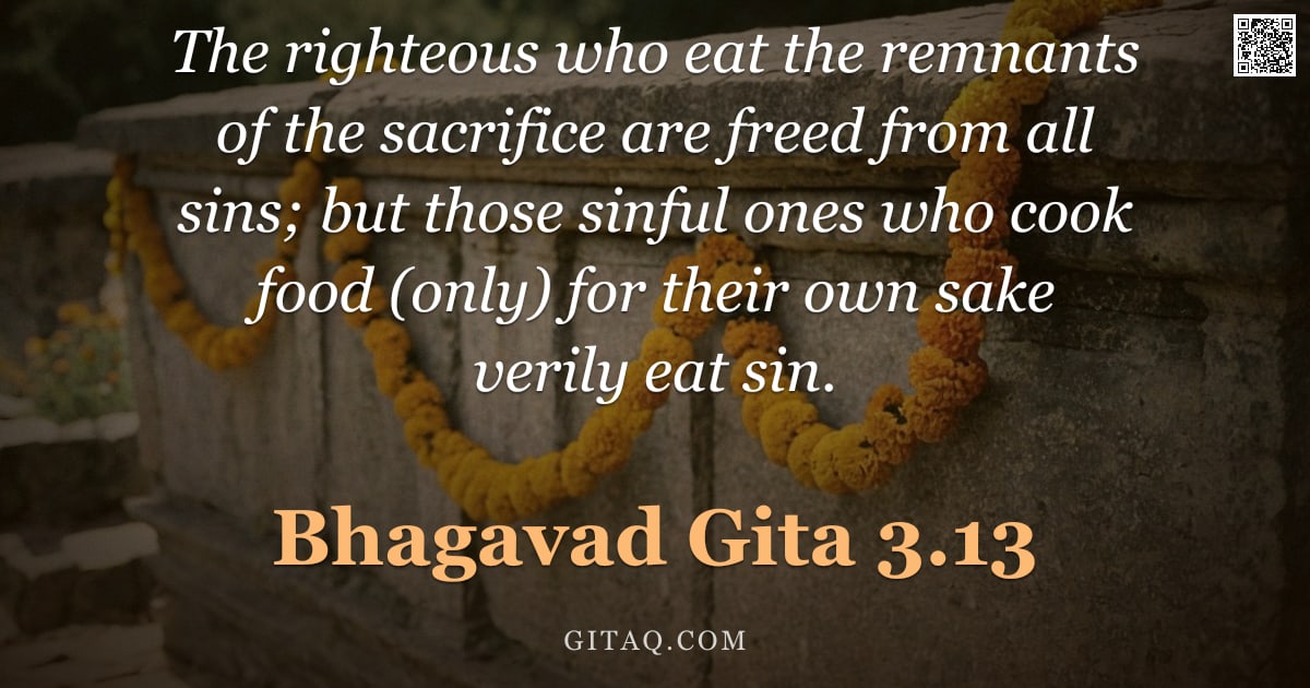 Bhagavad Gita 3.13 — "The righteous who eat the remnants of the sacrifice are freed from all sins; but those sinful ones w"