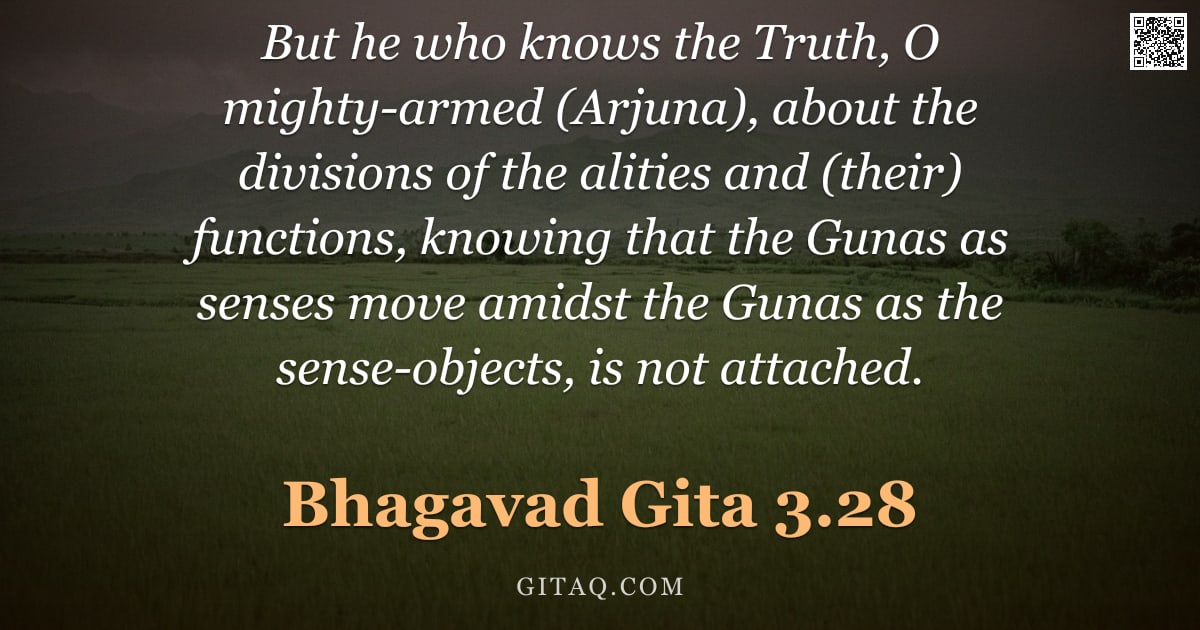 Bhagavad Gita 3.28 — "But he who knows the Truth, O mighty-armed (Arjuna), about the divisions of the alities and (their) "