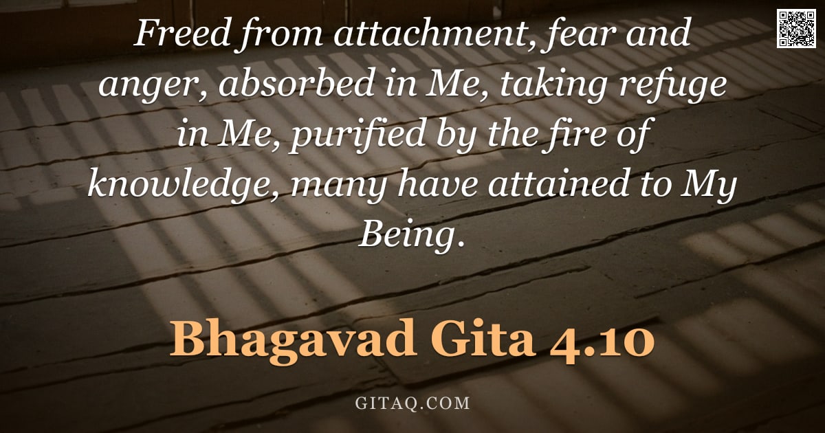 Bhagavad Gita 4.10 — "Freed from attachment, fear and anger, absorbed in Me, taking refuge in Me, purified by the fire of "