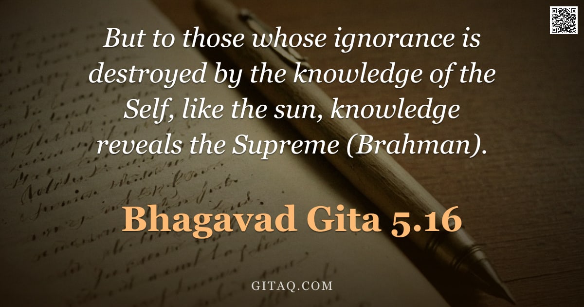 Bhagavad Gita 5.16 — "But to those whose ignorance is destroyed by the knowledge of the Self, like the sun, knowledge reve"