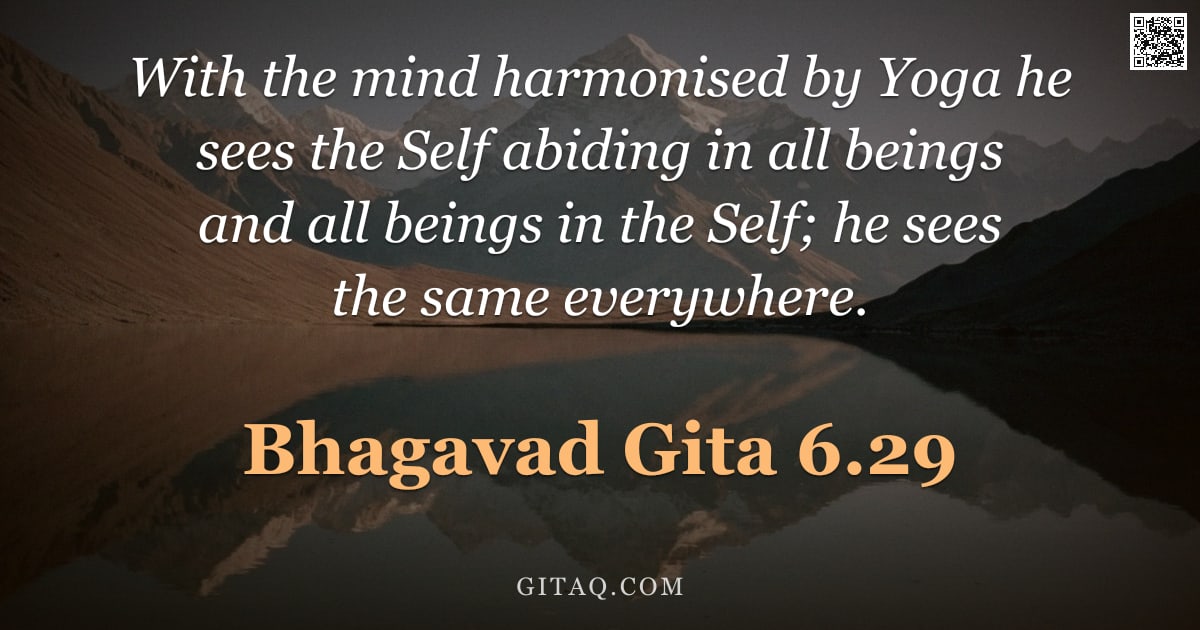 Bhagavad Gita 6.29 — "With the mind harmonised by Yoga he sees the Self abiding in all beings and all beings in the Self; "