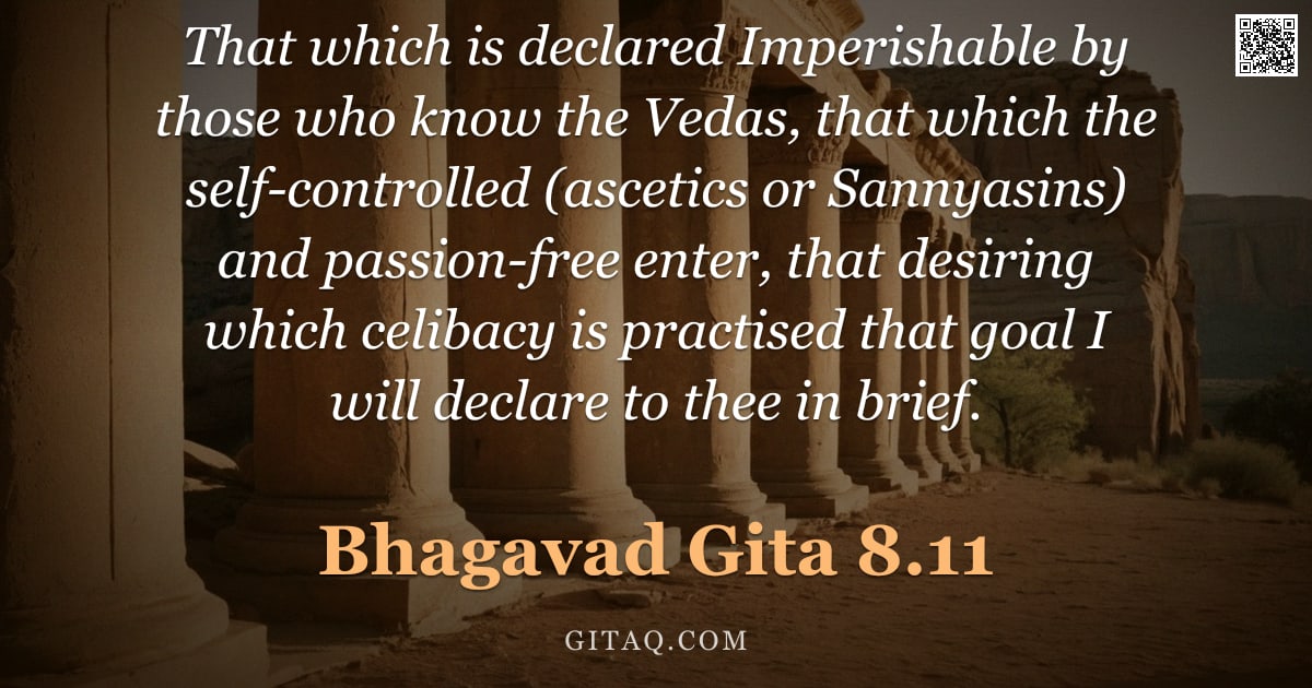 Bhagavad Gita 8.11 — "That which is declared Imperishable by those who know the Vedas, that which the self-controlled (asc"