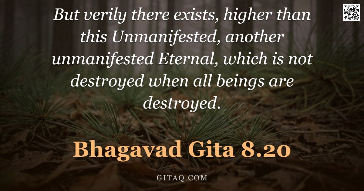 Bhagavad Gita 8.20 — "But verily there exists, higher than this Unmanifested, another unmanifested Eternal, which is not d"