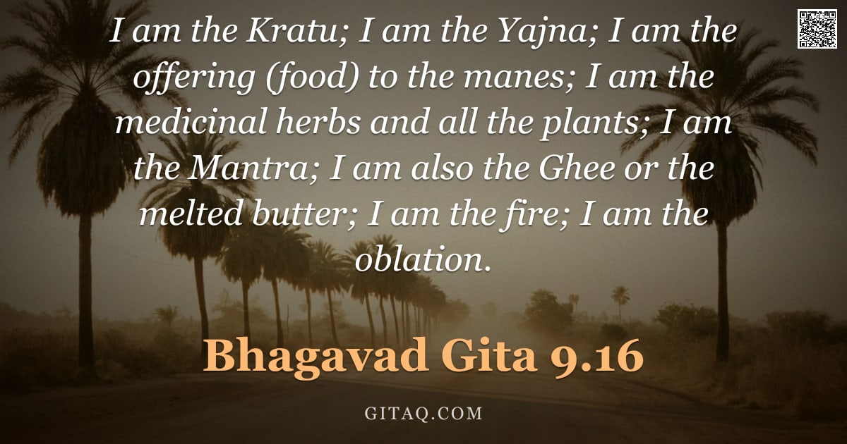 Bhagavad Gita 9.16 — "I am the Kratu; I am the Yajna; I am the offering (food) to the manes; I am the medicinal herbs and "