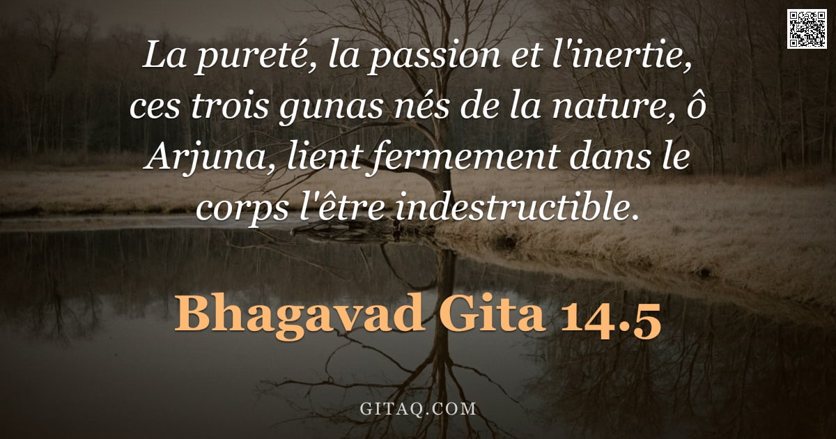 Bhagavad-Gîtâ 14.5 — "La pureté, la passion et l'inertie, ces trois gunas nés de la nature, ô Arjuna, lient fermement dans"