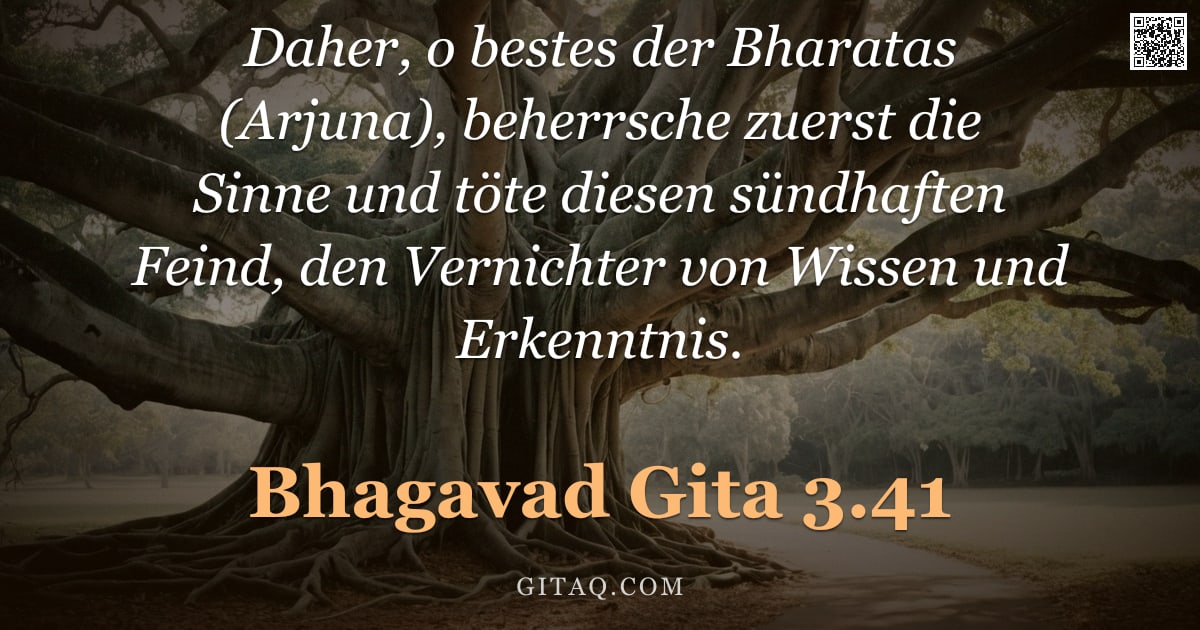 Bhagavad Gita 3.41 — "Daher, o bestes der Bharatas (Arjuna), beherrsche zuerst die Sinne und töte diesen sündhaften Feind,"