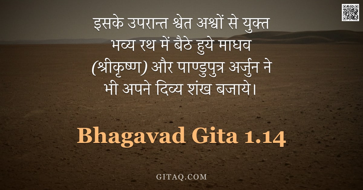 भगवद्गीता 1.14 — "इसके उपरान्त श्वेत अश्वों से युक्त भव्य रथ में बैठे हुये माधव (श्रीकृष्ण) और पाण्डुपुत्र अर्जुन ने भ"