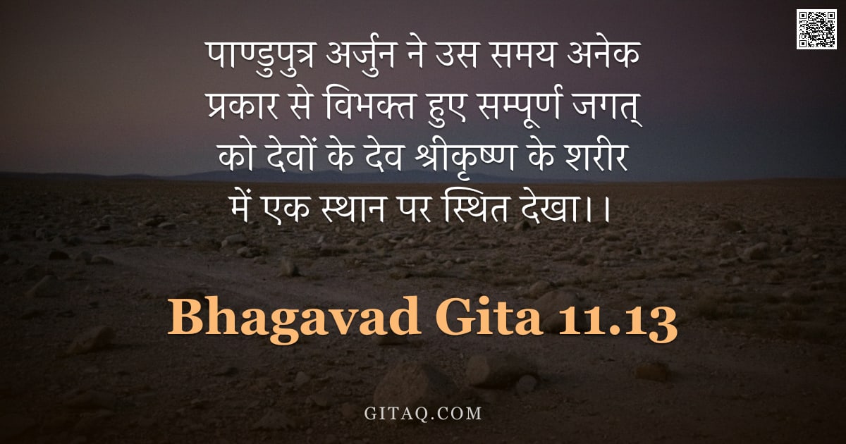 भगवद्गीता 11.13 — "पाण्डुपुत्र अर्जुन ने उस समय अनेक प्रकार से विभक्त हुए सम्पूर्ण जगत् को देवों के देव श्रीकृष्ण के शर"