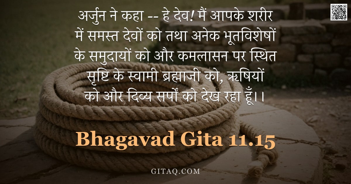 भगवद्गीता 11.15 — "अर्जुन ने कहा -- हे देव! मैं आपके शरीर में समस्त देवों को तथा अनेक भूतविशेषों के समुदायों को और कमला"