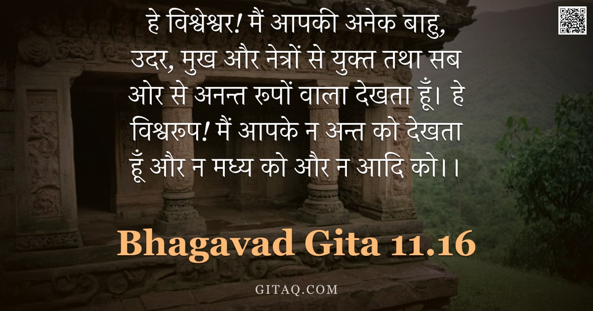 भगवद्गीता 11.16 — "हे विश्वेश्वर! मैं आपकी अनेक बाहु, उदर, मुख और नेत्रों से युक्त तथा सब ओर से अनन्त रूपों वाला देखता "
