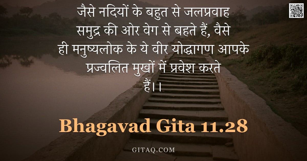 भगवद्गीता 11.28 — "जैसे नदियों के बहुत से जलप्रवाह समुद्र की ओर वेग से बहते हैं, वैसे ही मनुष्यलोक के ये वीर योद्धागण आ"