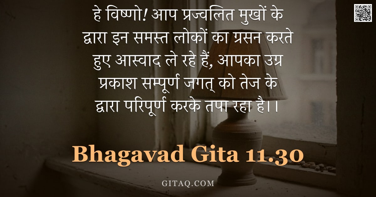 भगवद्गीता 11.30 — "हे विष्णो! आप प्रज्वलित मुखों के द्वारा इन समस्त लोकों का ग्रसन करते हुए आस्वाद ले रहे हैं, आपका उग्"
