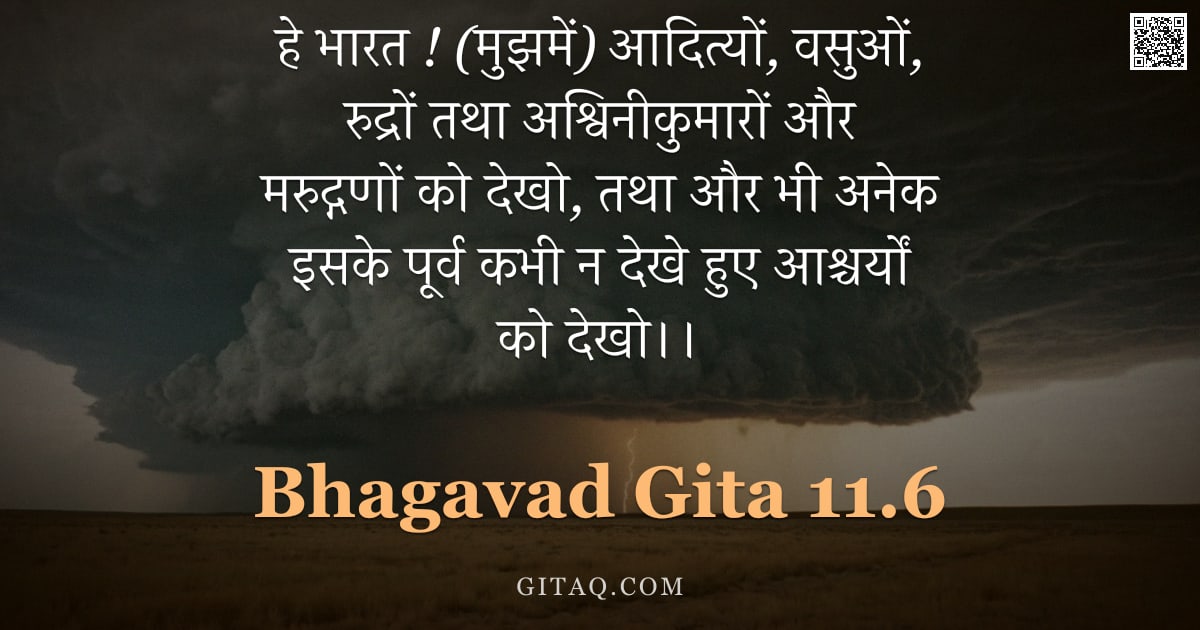 भगवद्गीता 11.6 — "हे भारत ! (मुझमें) आदित्यों, वसुओं, रुद्रों तथा अश्विनीकुमारों और मरुद्गणों को देखो, तथा और भी अनेक "