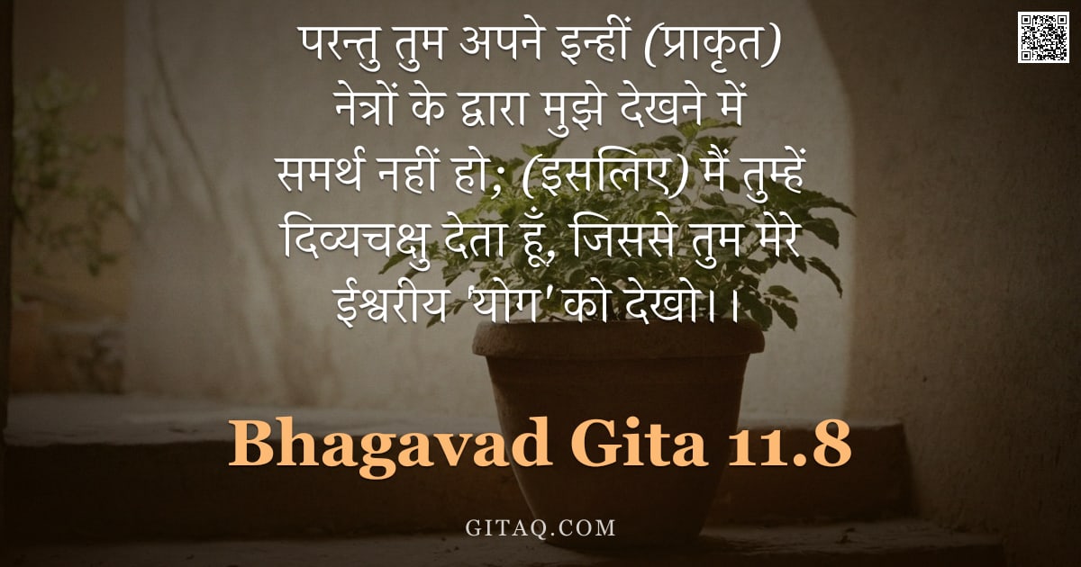 भगवद्गीता 11.8 — "परन्तु तुम अपने इन्हीं (प्राकृत) नेत्रों के द्वारा मुझे देखने में समर्थ नहीं हो; (इसलिए) मैं तुम्हें"
