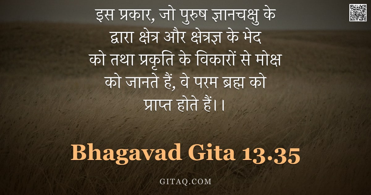 भगवद्गीता 13.35 — "इस प्रकार, जो पुरुष ज्ञानचक्षु के द्वारा क्षेत्र और क्षेत्रज्ञ के भेद को तथा प्रकृति के विकारों से म"