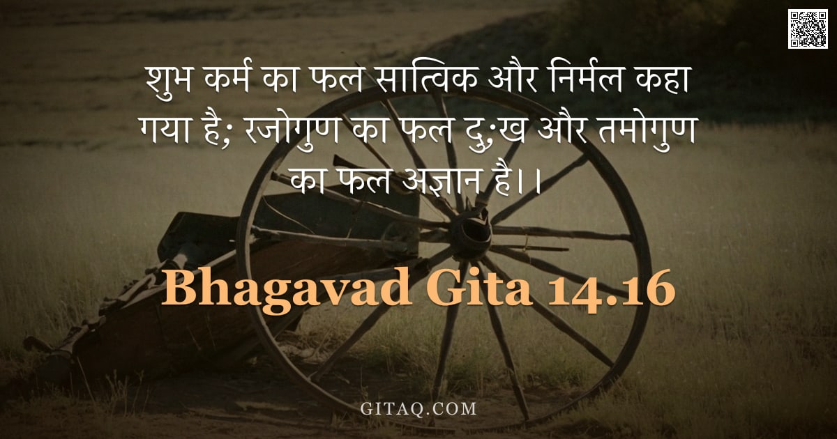 भगवद्गीता 14.16 — "शुभ कर्म का फल सात्विक और निर्मल कहा गया है; रजोगुण का फल दु;ख और तमोगुण का फल अज्ञान है।।"