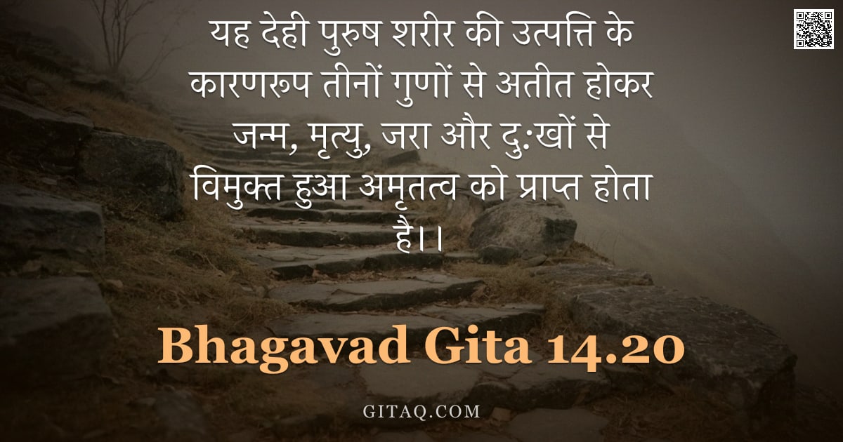 भगवद्गीता 14.20 — "यह देही पुरुष शरीर की उत्पत्ति के कारणरूप तीनों गुणों से अतीत होकर जन्म, मृत्यु, जरा और दु:खों से वि"